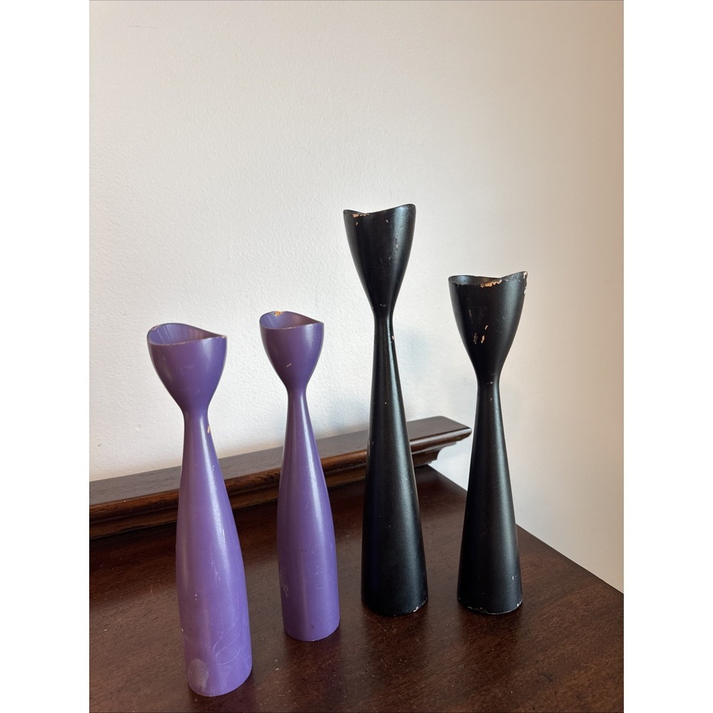 4 - Rossini Japan Wood Taper Candleholders,  Purple & Black, Vintage
